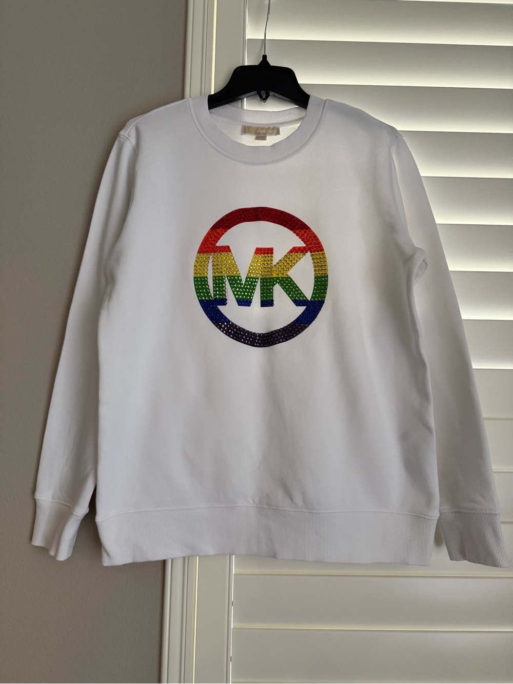 Brand New Michael Kors White Crewneck Sweatshirt With Rainbow Rhinestone Emblem - Picture 1 of 4